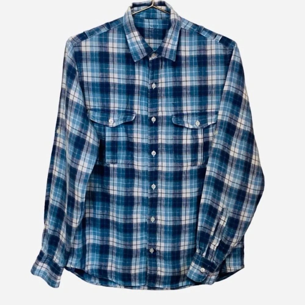J.Crew Irish Linen Blue Plaid Button-Down Shirt Men’s Medium Long Sleeve